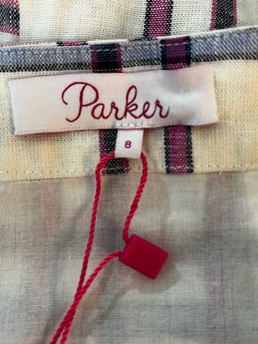 NWT Parker Linen-Cotton Plaid Hi-Low Ruffled Shirred Women’s Size 8 - Picture 10 of 12